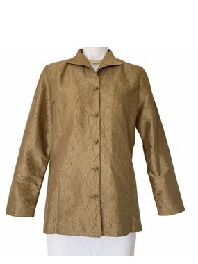 Eileen Fisher gold party evening dupioni crushed silk long sleeve shirt jacket